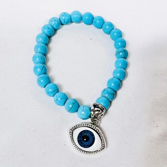 Turquoise Evil Eye Triple Bracelet Charms Elephant Cross Silver Tone Jewelry New - Picture 3 of 5